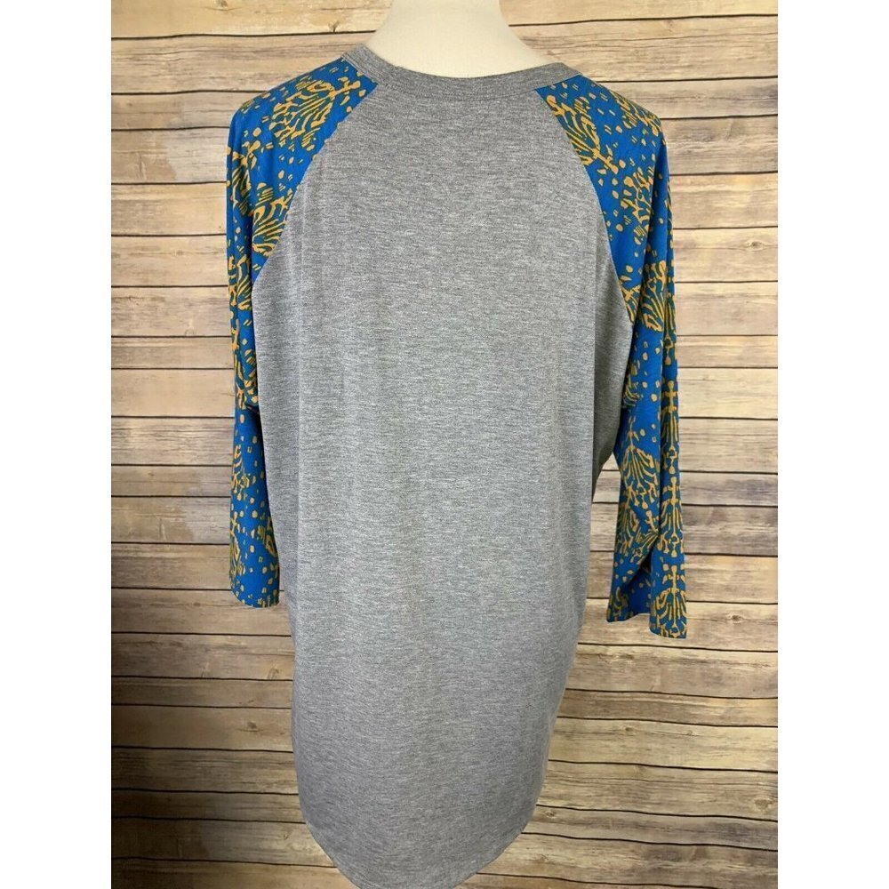 Lularoe Plus 2X Randy Raglan Gray Rounded Hem Blue - Picture 5 of 9